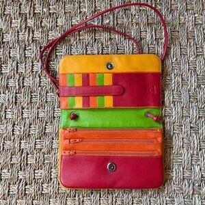 Mywalit travel clutch-style shoulder/crossbody bag in red and multicolor leather